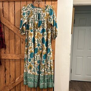 NATURAL LIFE Boho Floral Long Sleeve Dress in Blue and Yellow